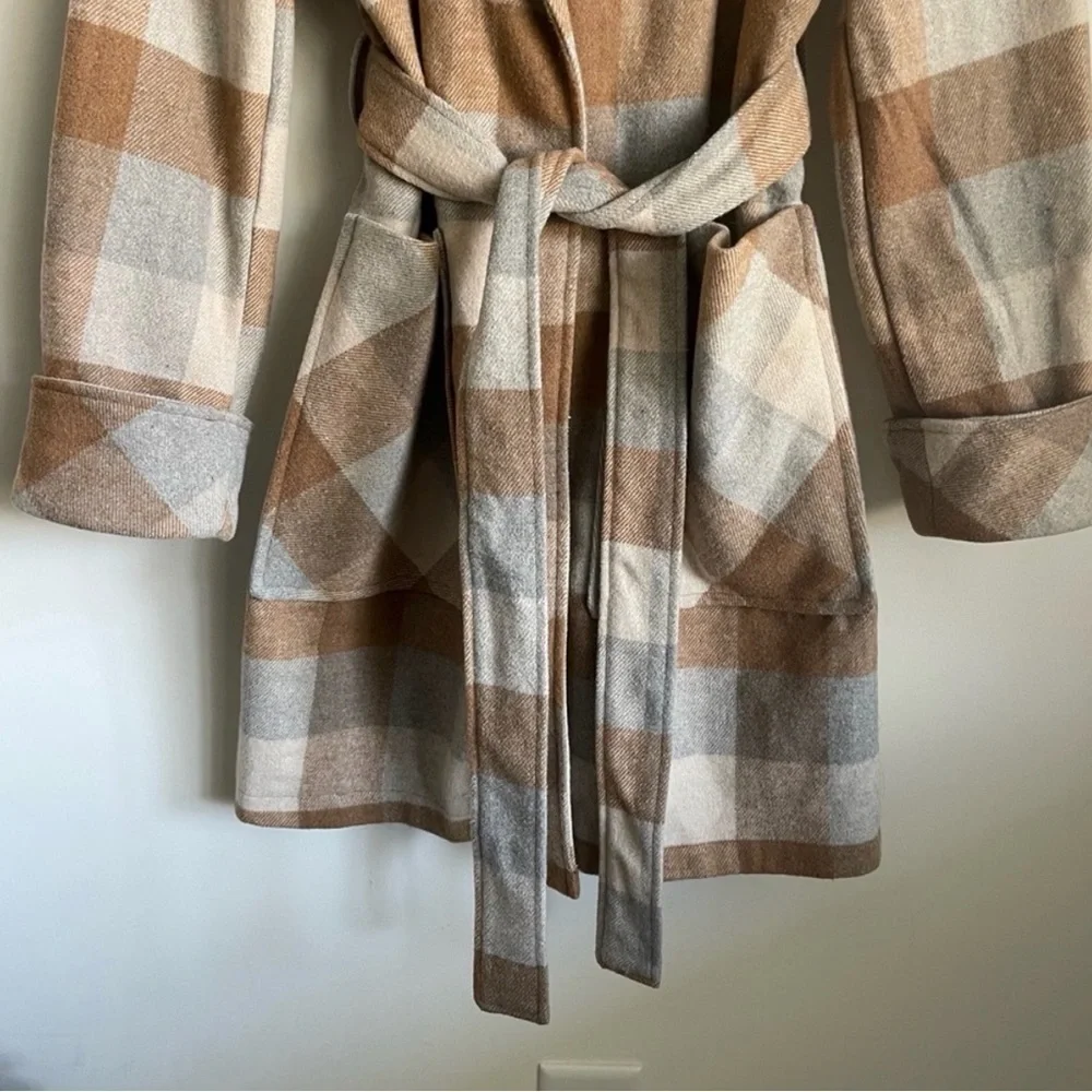 a new day Plaid Belted Hooded Coat in Tan and Cream